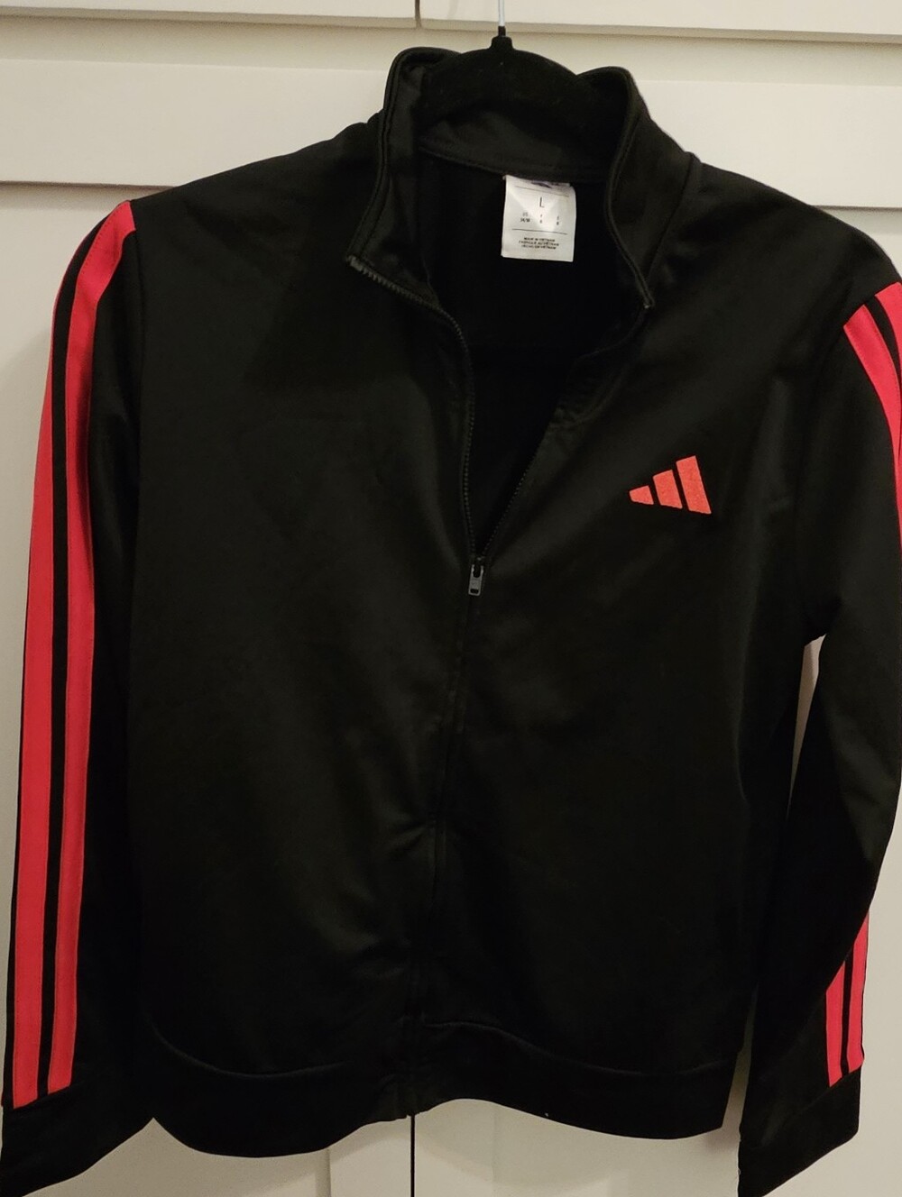 Adidas Black Jacket with Red Stripes. Full Zip . Size L Youth Back To School